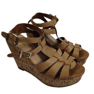Express Tan Leather Strappy Cork Wedge Sandals Womens Size 8 Ankle Buckle